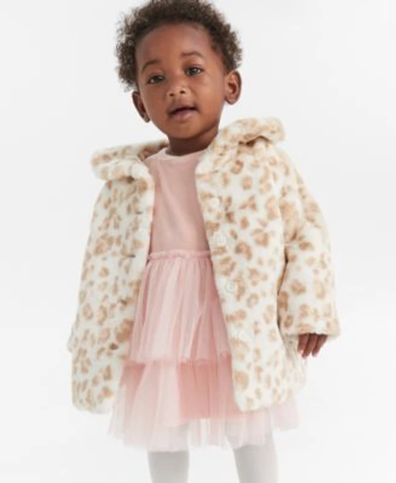 First Impressions Baby Girls Faux Fur Leopard Print Coat Velour Tulle Bodysuit Dress Opaque Tights Exclusively At Macys