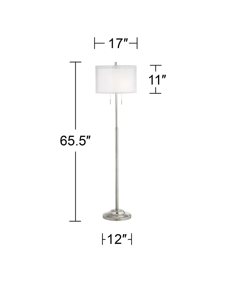 Possini Euro Design Roxie Modern Floor Lamp Standing 65 1/2" Tall Brushed Nickel Sheer Linen Double Drum Shade for Living Room Bedroom Office Hou