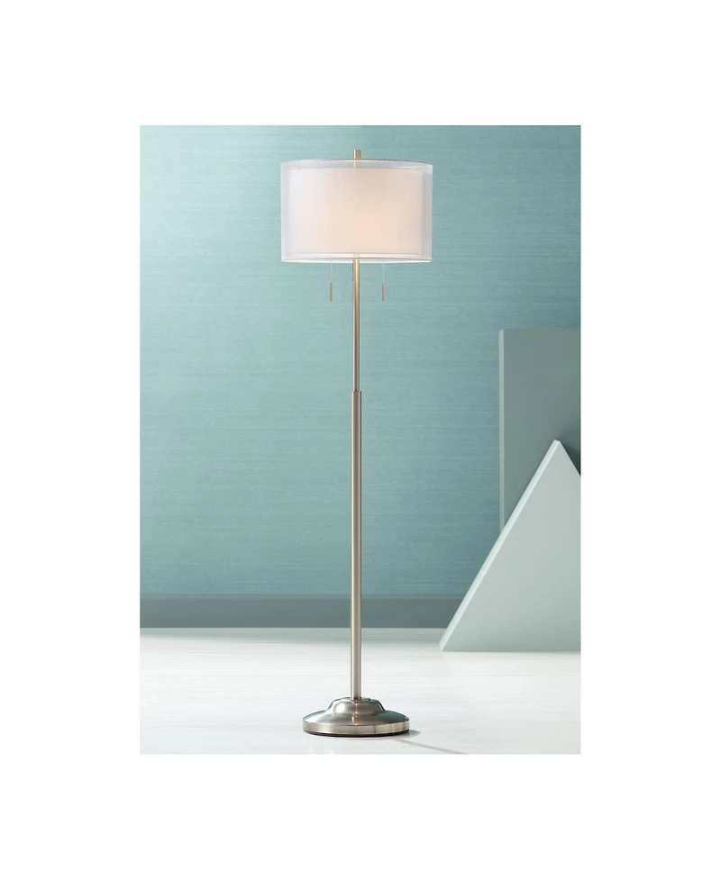 Possini Euro Design Roxie Modern Floor Lamp Standing 65 1/2" Tall Brushed Nickel Sheer Linen Double Drum Shade for Living Room Bedroom Office Hou