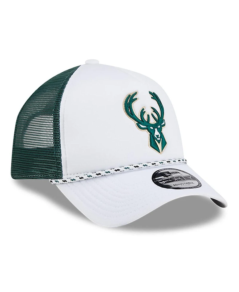 New Era Men's White/Hunter Green Milwaukee Bucks Court Sport Foam A-Frame 9FORTY Adjustable Trucker Hat