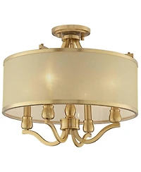 Possini Euro Design Nor Vintage-like Ceiling Light Semi Flush-Mount Fixture 18" Wide Warm Antique Brass 4-Light Soft Gold Organza Drum Shade for Bedro