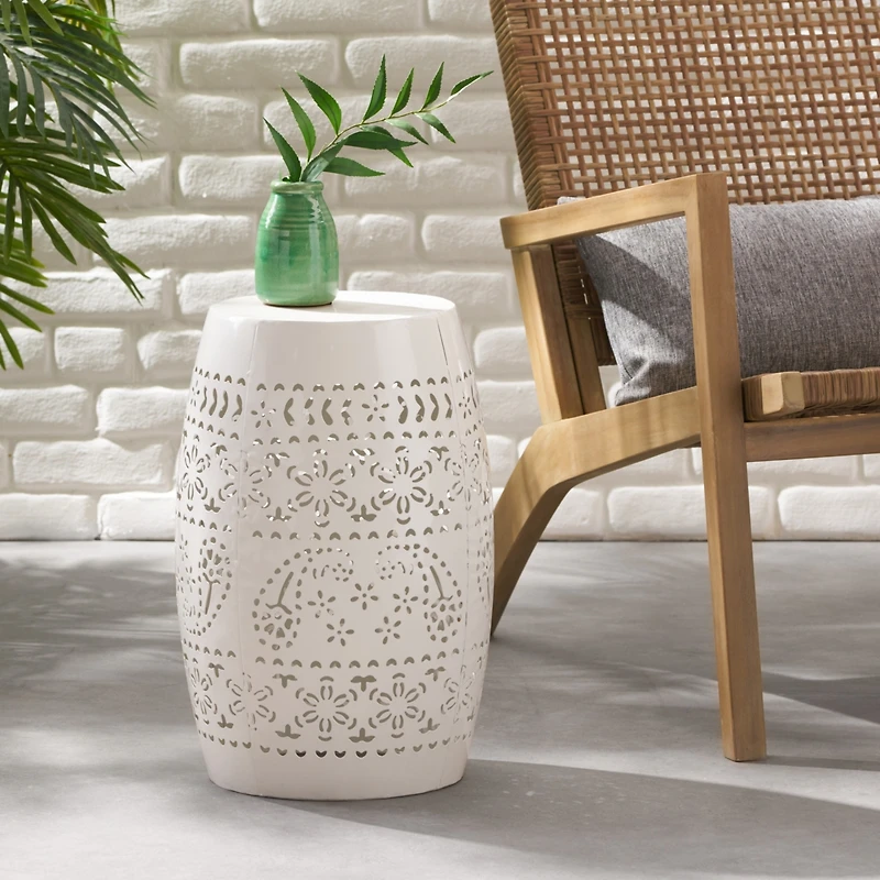 Streamdale Elegant Lace-Cut Barrel Side Table for Indoor/Outdoor Living