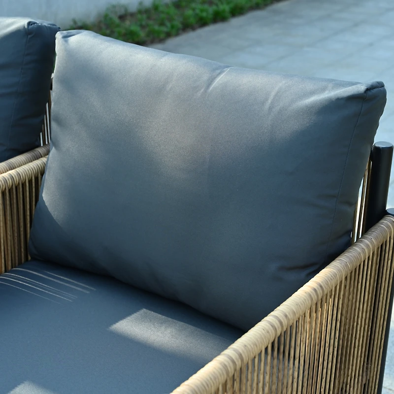 Simplie Fun Outdoor Brown Pe Wicker Sofa Set-2 Pieces Single Sofa with Grey Cushion