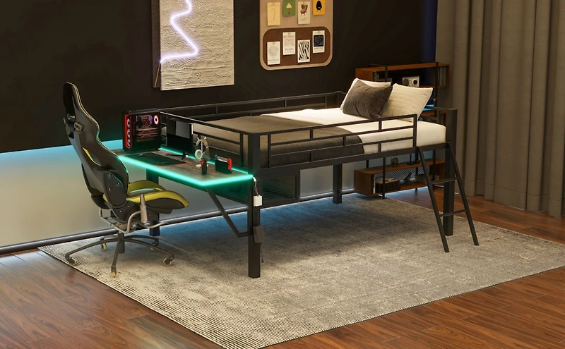 Gaming mid loft bed with desk, Led, Full, Black