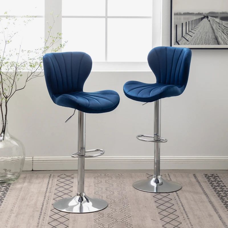 Upholstered Adjustable Swivel Barstools in Blue, Set of 2