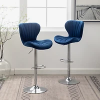 Upholstered Adjustable Swivel Barstools in Blue, Set of 2