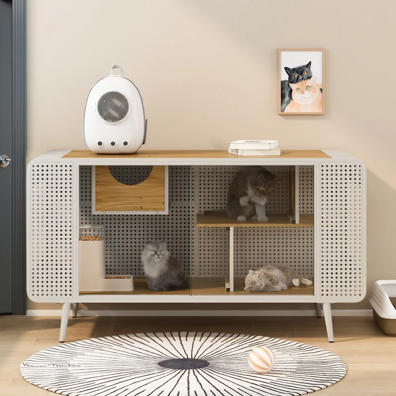 Streamdale Furniture Modern Cat House Spacious & Cozy Oasis with Stylish Iron Frame and Tempered Glass