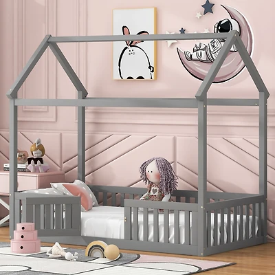 Streamdale Twin Wood House Bed with Fence and Door, Gray
