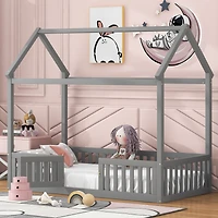 Streamdale Twin Wood House Bed with Fence and Door, Gray