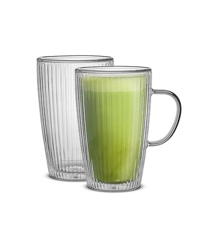 JoyJolt Savor Fluted Glass Coffee Mugs, Doublewall Insulated, 15oz, Set of 2