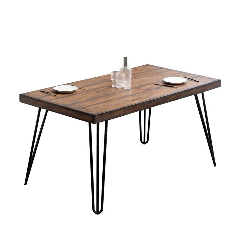 Streamdale Aryven Industrial Metal Hairpin Design Dining Table, Rustic Dark Pine