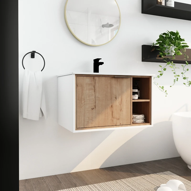 Modern Wall-Mounted Vanity with Soft-Close Door, Ceramic Sink, and Metal Handle