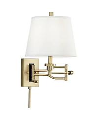 Barnes and Ivy Eleganta Swing Arm Wall Lamp with Cord Cover Brushed Satin Brass Plug-in Light Fixture White Linen Empire Shade for Bedroom Living Room