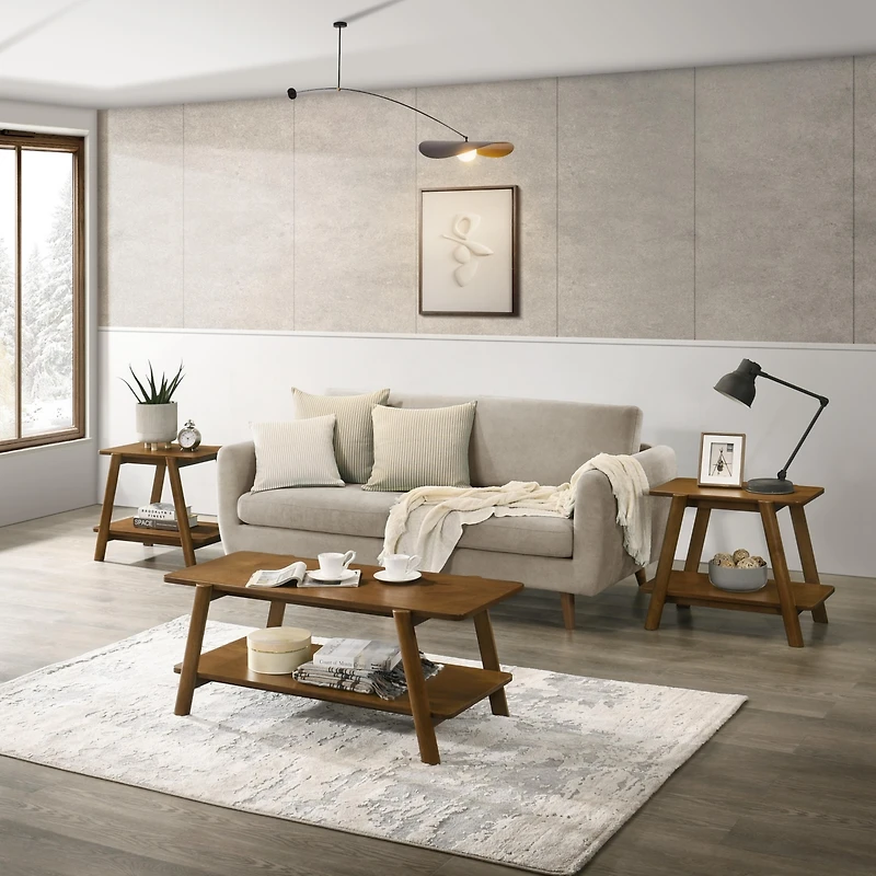 Streamdale Mid-Century Modern Wood Shelf 3-Piece Coffee Table Set, Walnut Finish