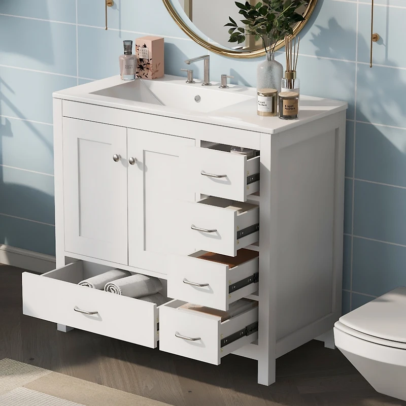 36" White Bathroom Vanity with Premium Ceramic Sink