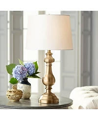 Regency Hill Traditional Table Lamp 26" High Antique Brass Candlestick White Fabric Drum Shade for Living Room Family Bedroom Bedside