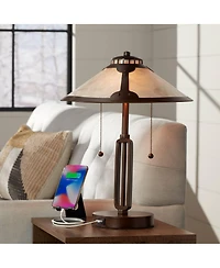 Franklin Iron Works Samuel Industrial Desk Lamp 20" High Rubbed Bronze with Usb Charging Port Natural Mica Shade for Bedroom Living Room Bedside