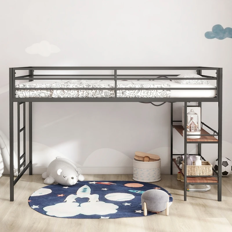 Adam junior twin loft bunk black with Cinnamon wood shelf