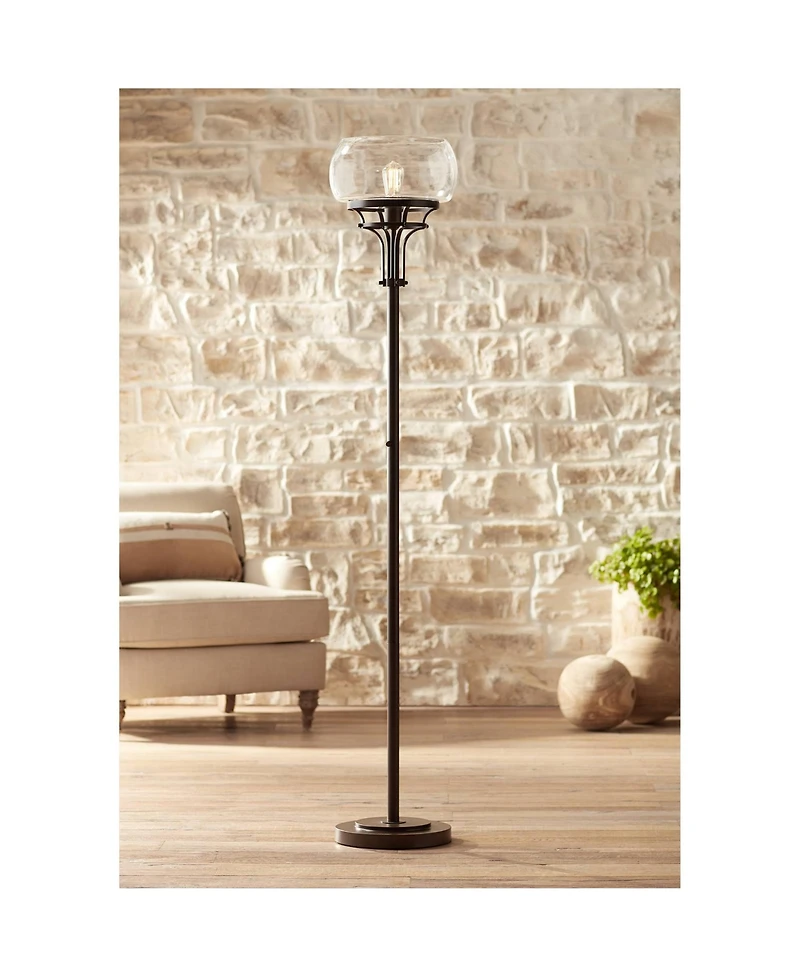 Franklin Iron Works Luz Industrial Torchiere Floor Lamp Standing 72 1/2" Tall Oil Rubbed Bronze Clear Glass for Living Room Bedroom Office House