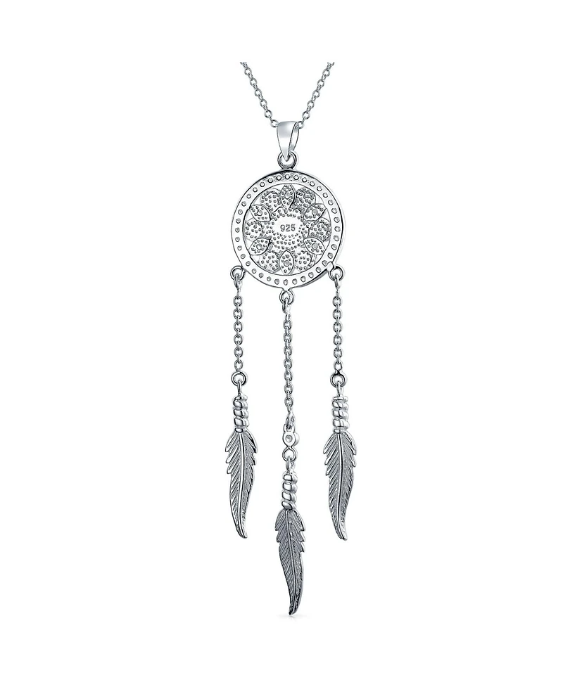 Bling Jewelry Western Synthetic Turquoise Accent Native American Indian Multi Feathers Leaf Dream Catcher Pendant Necklace For Women Oxidized Sterling