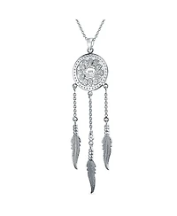 Bling Jewelry Western Synthetic Turquoise Accent Native American Indian Multi Feathers Leaf Dream Catcher Pendant Necklace For Women Oxidized Sterling