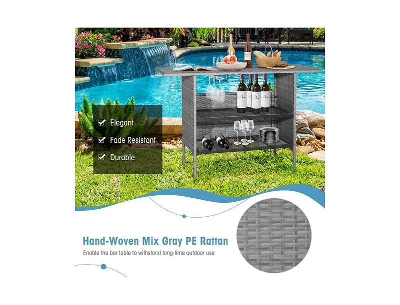 Slickblue Outdoor Patio Wicker Bar Table with Metal Shelves