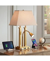 Deacon Modern Desk Table Lamp with Usb and Ac Power Outlet in Base Led Gooseneck 26" High Antique Brass Oatmeal Linen Drum Shade for Living Room Bedro