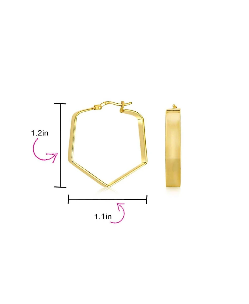 Bling Jewelry Geometric Flat Hexagon Hoop Earrings Gold Plated Sterling Silver 1.25 Inch