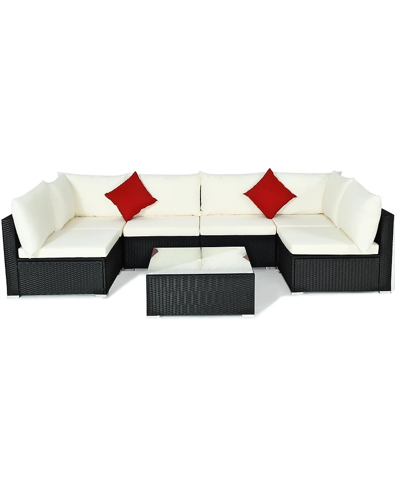 Sugift 7 Pieces Sectional Wicker Furniture Sofa Set with Tempered Glass Top-Beige
