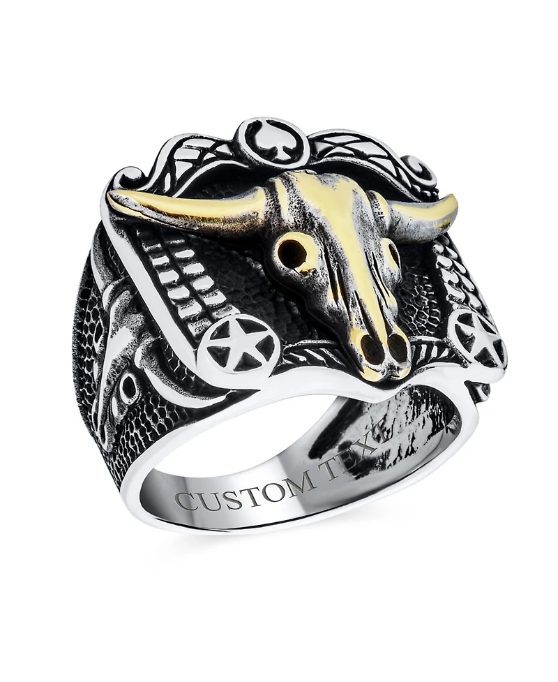 Bling Jewelry Black Textured Animal Buffalo Cow Skull Antelope Goat Big Texas Longhorn Signet Ring Two Tone Sterling Silver