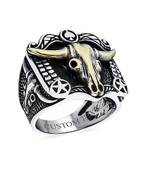 Bling Jewelry Black Textured Animal Buffalo Cow Skull Antelope Goat Big Texas Longhorn Signet Ring Two Tone Sterling Silver