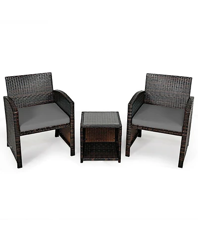 Sugift 3 Pieces Pe Rattan Wicker Furniture Set with Cushion Sofa Coffee Table for Garden