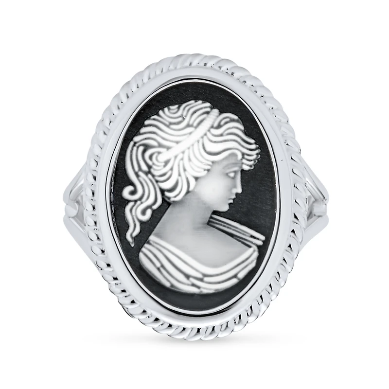 Bling Jewelry Classic Antique Victorian Style Framed Portrait Black White Oval Carved Cameo Ring Sterling Silver