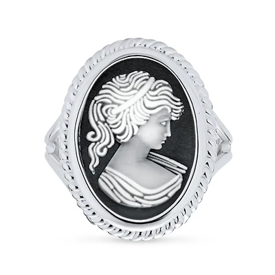 Bling Jewelry Classic Antique Victorian Style Framed Portrait Black White Oval Carved Cameo Ring Sterling Silver