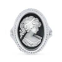 Bling Jewelry Classic Antique Victorian Style Framed Portrait Black White Oval Carved Cameo Ring Sterling Silver