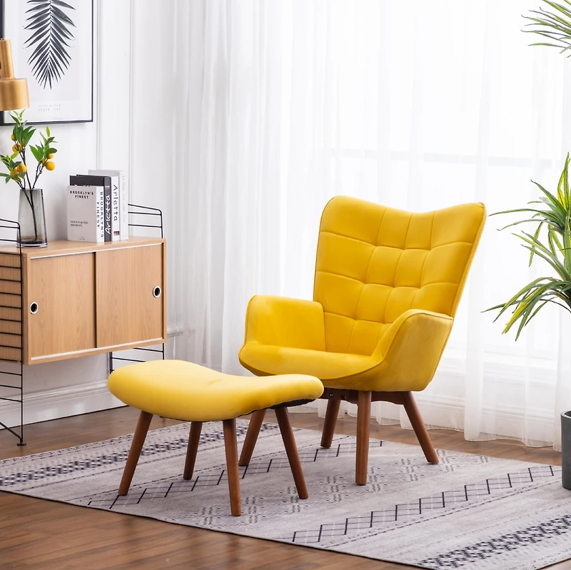Contemporary Silky Velvet Tufted Accent Chair with Ottoman, Yellow