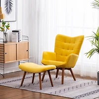 Contemporary Silky Velvet Tufted Accent Chair with Ottoman, Yellow