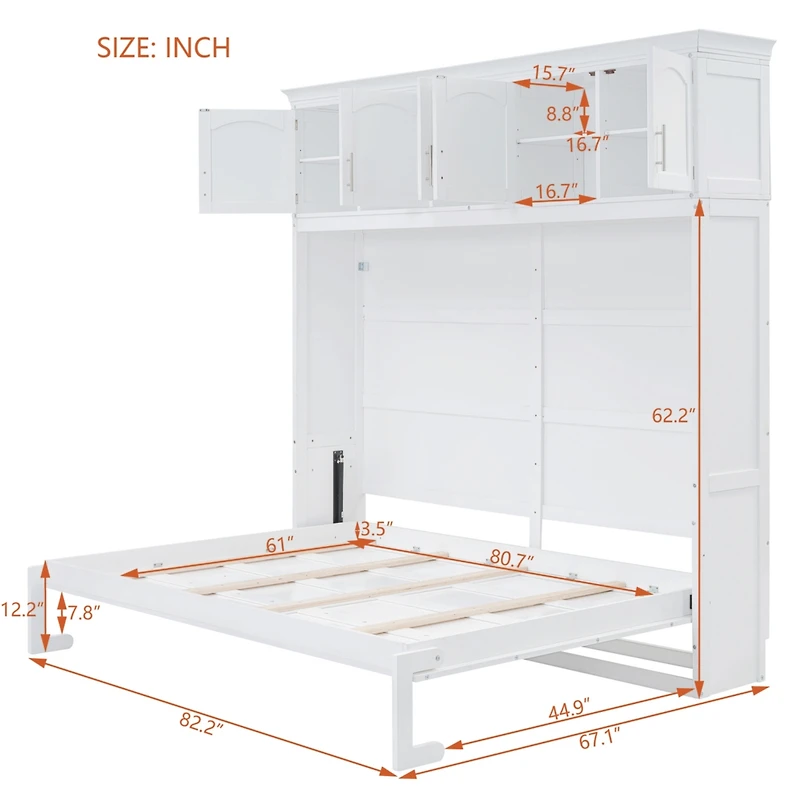 Streamdale Queen Size Murphy Bed Wall Bed with Top Cabinets, Gray