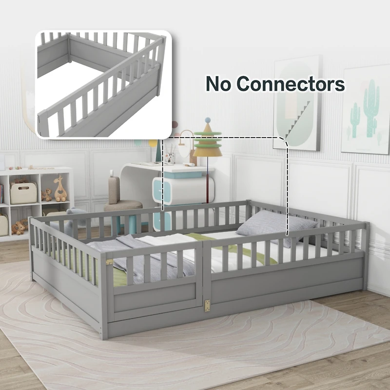 Streamdale Furniture Full size Floor bed, integral construction with super high security barrier, door, children's floor bed frame, Montessori wooden