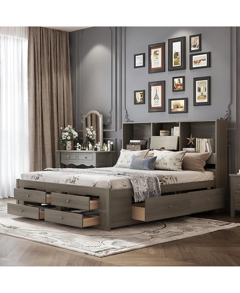 Streamdale King Platform Bed with Storage Headboard and 8 Drawers, White