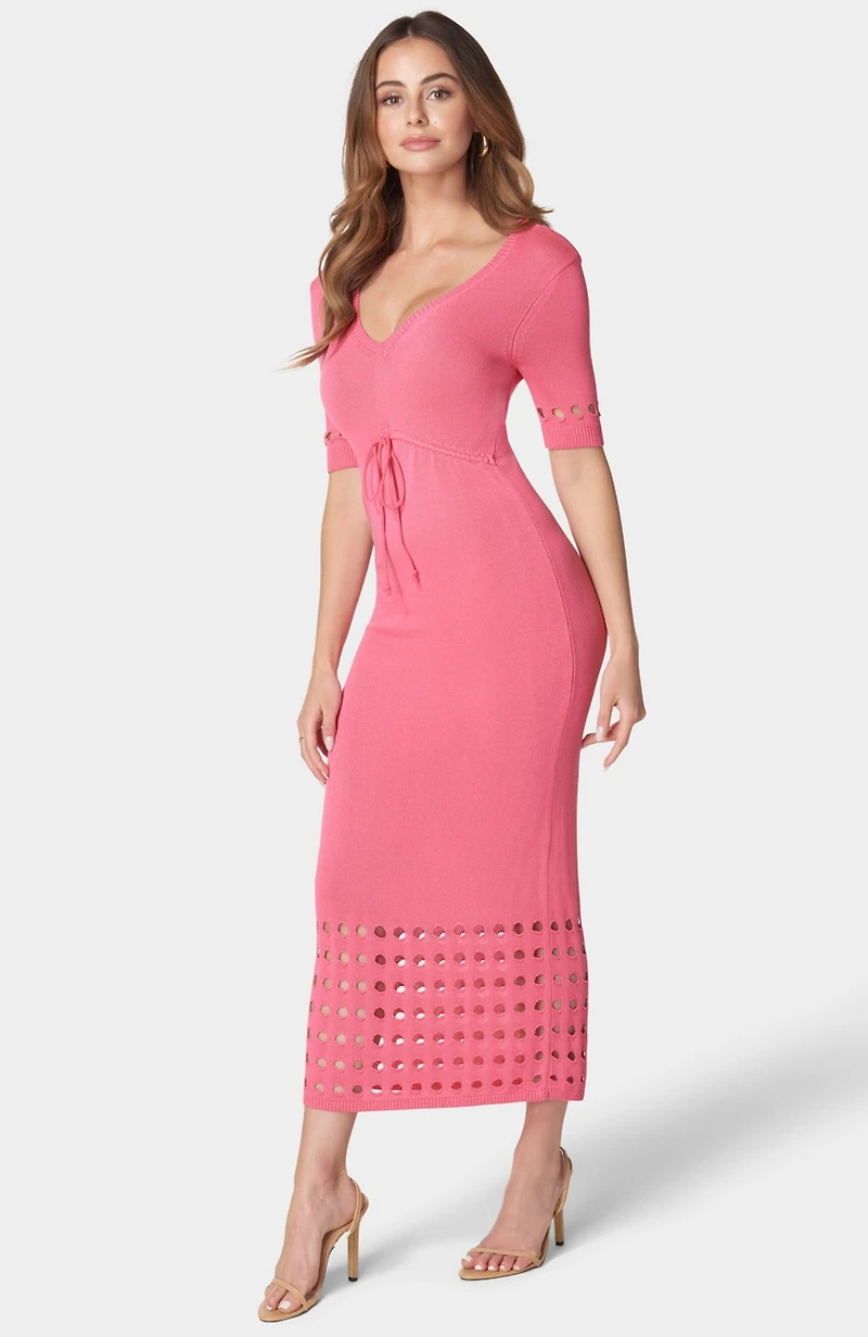 Bebe Women's Tie Front Cutout Crochet Midi Dress