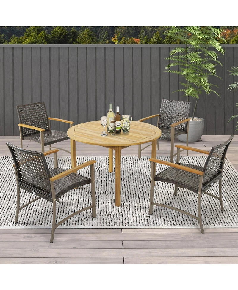 Slickblue Set of 4 Patio Rattan Dining Chairs with Acacia Wood Armrests