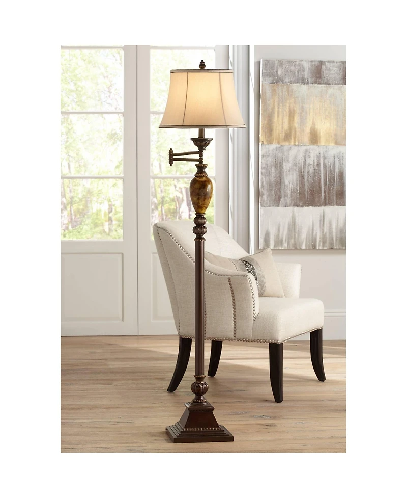 Mulholland Rustic Vintage like Swing Arm Floor Lamp Standing 61" Tall Bronze Marble Font Ivory Faux Silk Drum Shade Decor for Living Room Reading