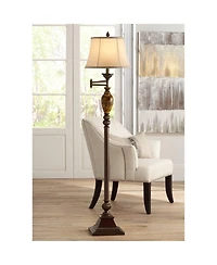 Mulholland Rustic Vintage like Swing Arm Floor Lamp Standing 61" Tall Bronze Marble Font Ivory Faux Silk Drum Shade Decor for Living Room Reading