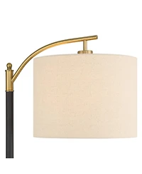 360 Lighting Rayna Mid Century Modern Downbridge Floor Lamp 61 1/2" Tall Black Gold Metal Off White Linen Drum Shade for Living Room Reading Bedr