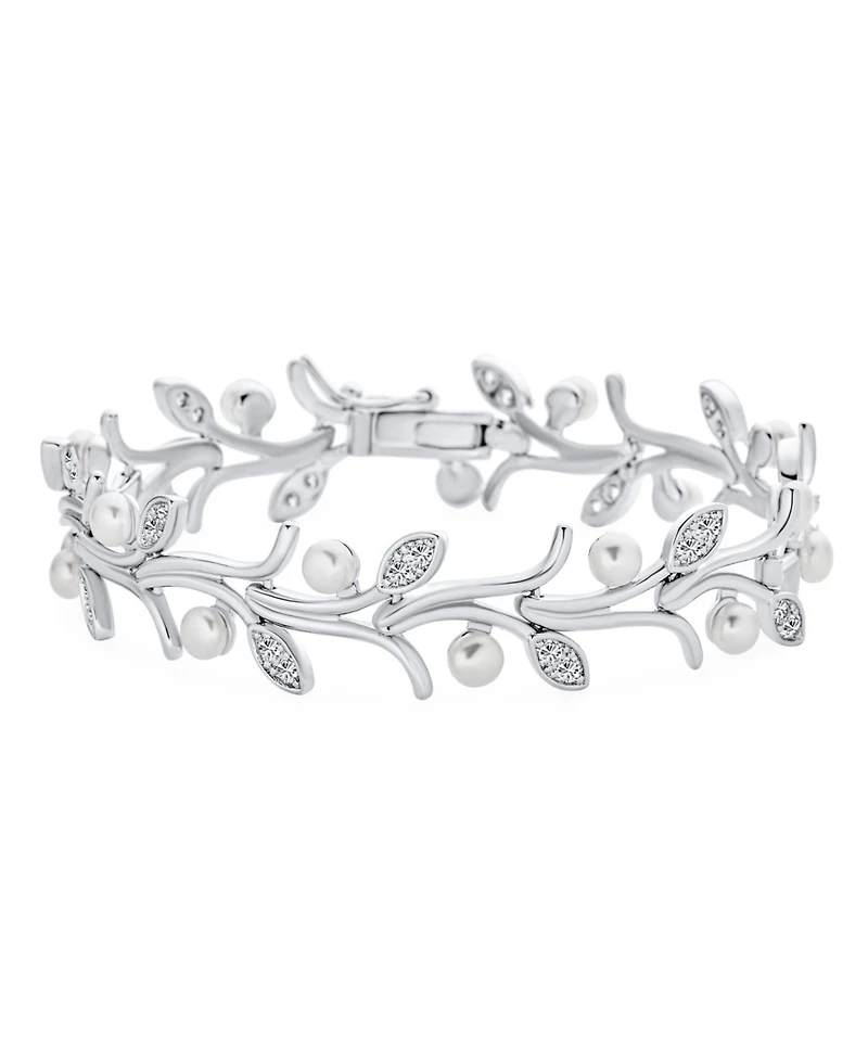 Bling Jewelry Multi Flowers Cz Wine Leaf White Freshwater Cultured Button Pearl Bracelet For Women Rhodium 7 Inch