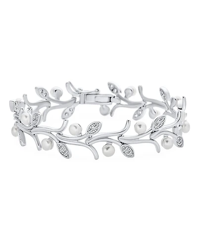 Bling Jewelry Multi Flowers Cz Wine Leaf White Freshwater Cultured Button Pearl Bracelet For Women Rhodium 7 Inch