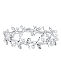 Bling Jewelry Multi Flowers Cz Wine Leaf White Freshwater Cultured Button Pearl Bracelet For Women Rhodium 7 Inch