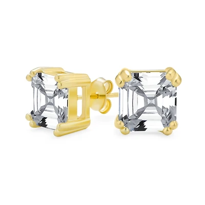 Bling Jewelry 2CT Cubic Zirconia Solitaire Square Asscher Cut Cz Stud Earrings Gold Plated Sterling Silver