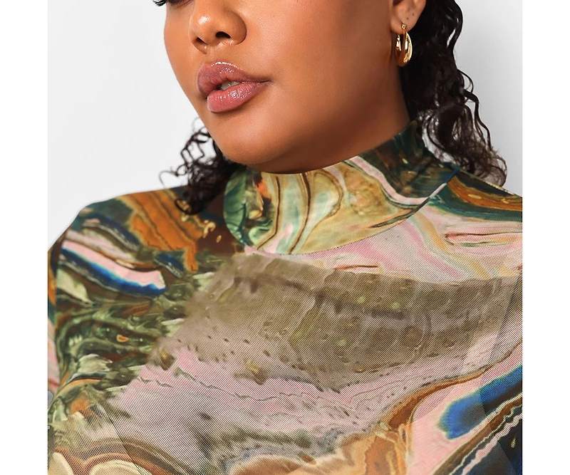 Rebdolls Plus Size Bali Mesh Abstract Print Maxi Boycon Dress